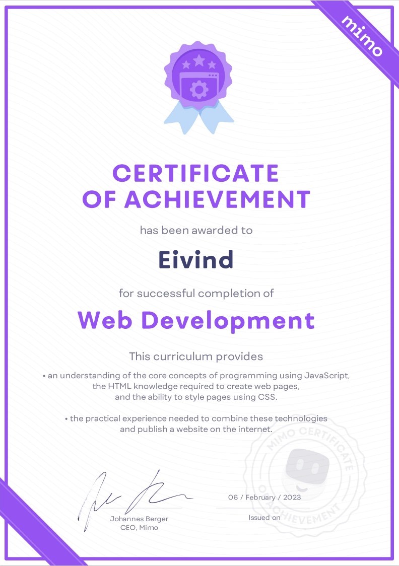 Certificate for web dev course