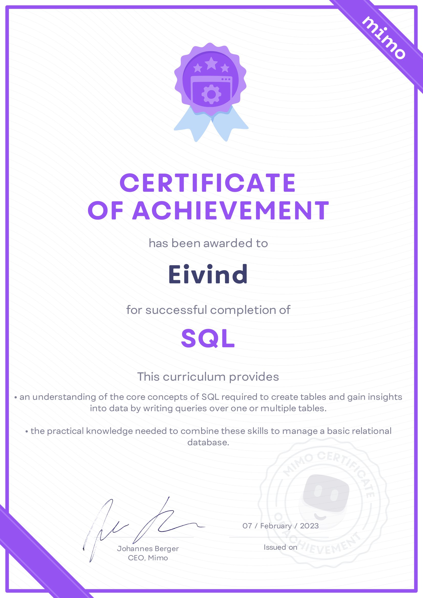 Certificate for sql course